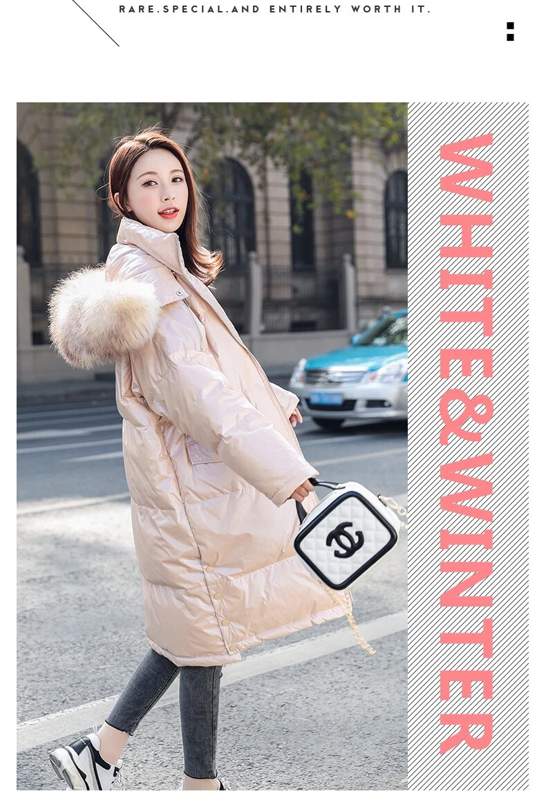 Winter Down Coat Women Hooded Natural Raccoon Large Fur Collar 90% White Duck Down Jacket Female Thick Warm Long Jacket Parkas