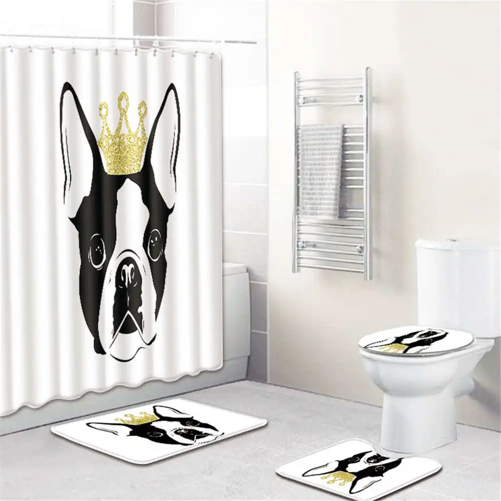 4pcs shower curtain Милые собаки Печатный узор водонепроницаемый Душ занавеска пьедестал коврики для туалета крышка для ванной коврик набор ванная комната занавеска набор коврик - Цвет: 4pcs shower curtain