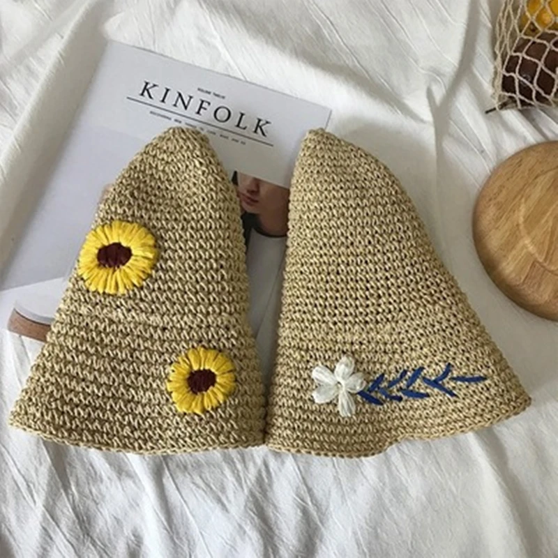 Модная вышивка маленькая соломенная шляпа с ромашками летняя Солнцезащитная