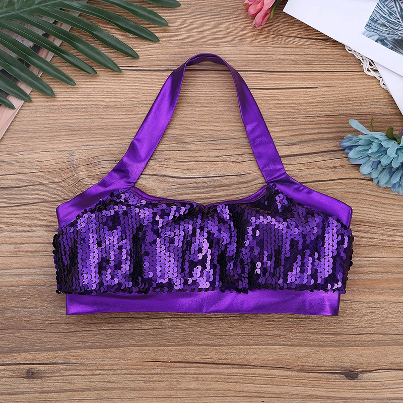 Kids Girls Halter Shiny Sequin Dance Crop Tops for Ballet Gymnastics Stage Performance Workout Gym Sports Tank Top | Тематическая