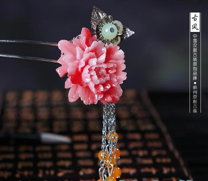 Серебряная палочка для волос Tassel красный пион из смолы ручной работы аксессуар