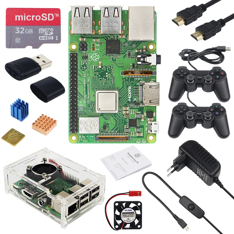 Raspberry Pi 3 Model B + игровой комплект 32G sd карта 2 геймпада акриловый чехол вентилятор 3A
