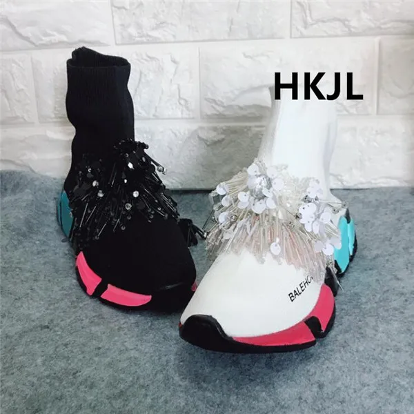 HKJL/Новинка, стразы, кисточка, плоская подошва, губка, Повседневные вязаные эластичные носки, обувь Baita, высокая помощь, женская обувь