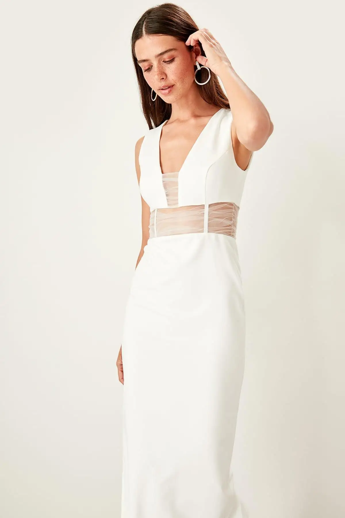 Trendyol экрю Талия деталь платье TPRSS19BB0559|Женские платья| |