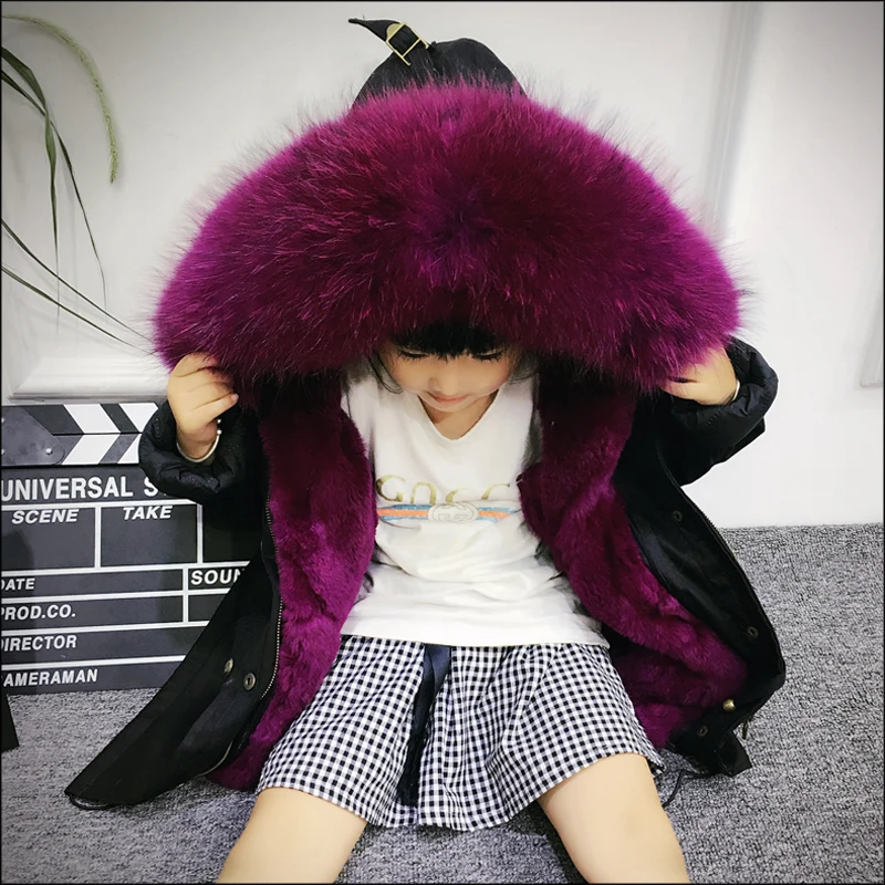 Army Green Coat Fur Jacket Girls Winter Clothes Rabbit Fur Kids Parkas Real Raccoon Fur Hooded Children Jacket For Girls TZ90