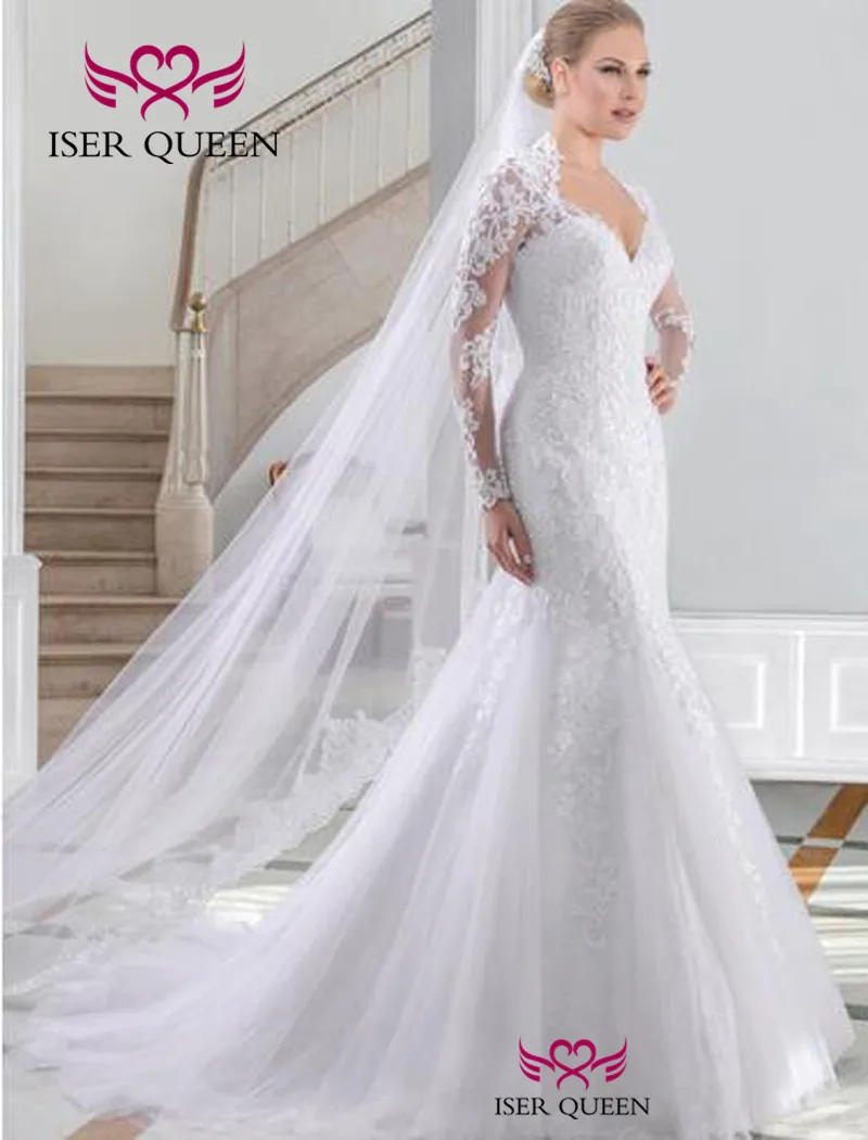 Vestido De Noiva свадебное платье русалки с длинными рукавами Плюс Размер белое свадебное платье кружевные свадебные платья с аппликацией w0152