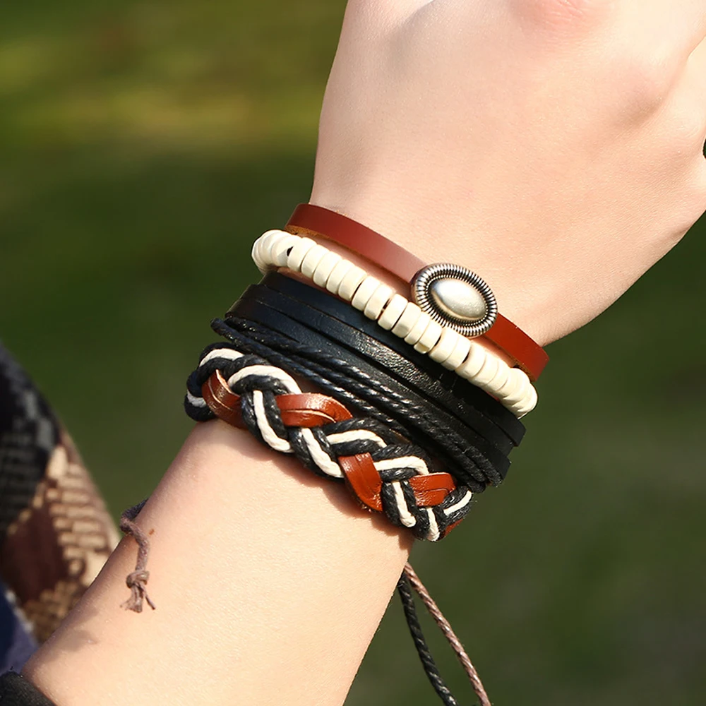 Набор из 4 плетеных веревок кожаный браслет с деревянными бусинами манжетами