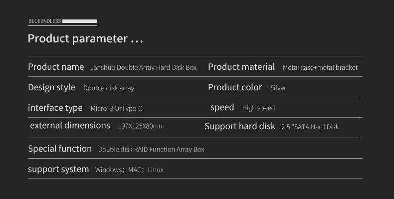 Двойной корпус для массива жесткого диска 2,5 ''с функцией RAID 4 режима USB3.1 Тип C дисковый блок 2 отсека для резервного копирования данных