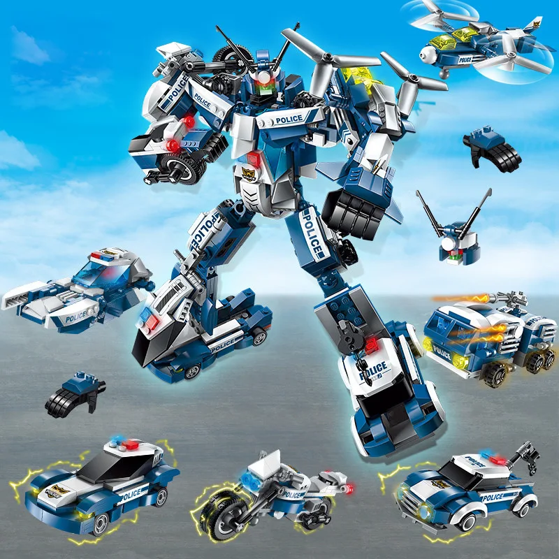 

6in1 Building Blocks 577pcs Police The War Transformation Deformation Robot Car Enlighten birthday Brick Toys For Children Gifts