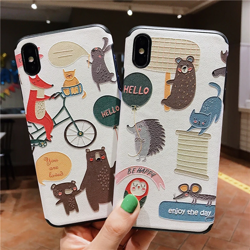Cute Animal Hard PC Case For iPhone X Cover Shockproof 3D Relief Bumper 6 6s 7 8 Plus XR XS MAX Phone |