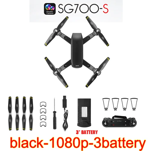 black-1080p-3battery RC самолеты SG700-S игрушки, фотография 720 p/1080 p 3D флип, WiFi FPV, 3,7 V 1000 mAh, камера селфи видео Дрон в реальном времени аэрофотосъемка подарок - Цвет: black-1080p-3battery