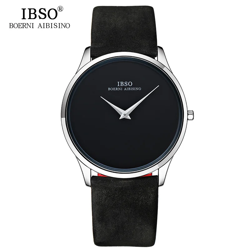 

IBSO Men's Quartz Watches 7MM Ultra-thin Dial Genuine Leather Strap Watch Men Simple Black Wristwatch Relogio Masculino