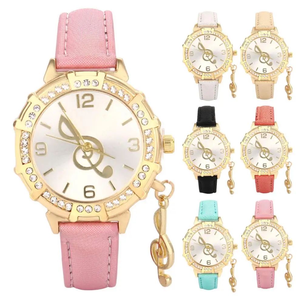 

2020 New Women Quartz Watches Musical Note Tower Rhinestone Pendant Wrist Watch Female luxury golden Bracelet For Gift girls A80