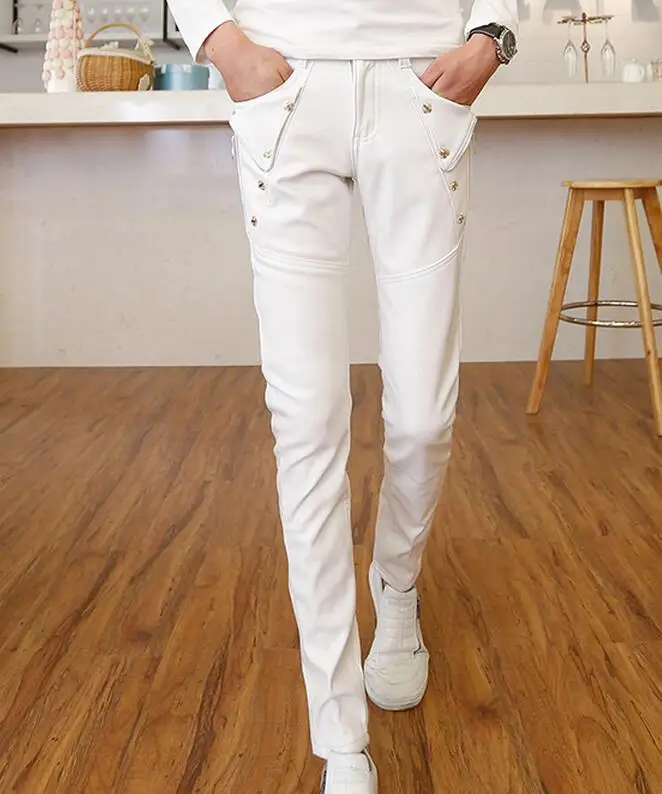 

HOT / Spring Men New Fashion Stage Bar Singer Costumes Rivet Tight Leather Pants /28--34