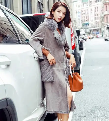 Light gray ZiZhen женское лоскутное пальто из овчины с длинным двойным мехом монгольский меховой воротник с норковым мехом 180816-3 - Цвет: Light gray