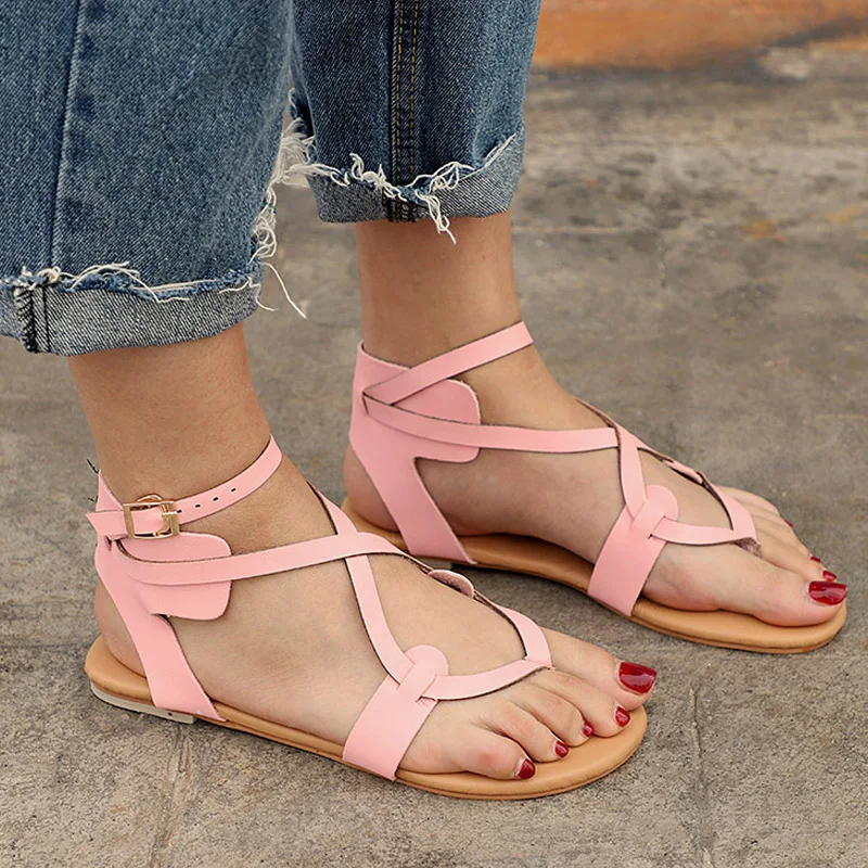 Женские сандалии гладиаторы на плоской подошве Летняя женская обувь пляжная