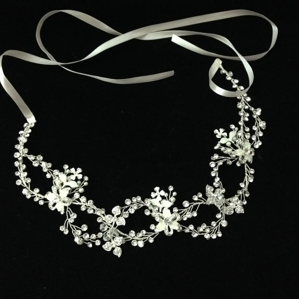 6 шт./лот Кристалл атласная лента волос лоза свадебная корона цветочный горный