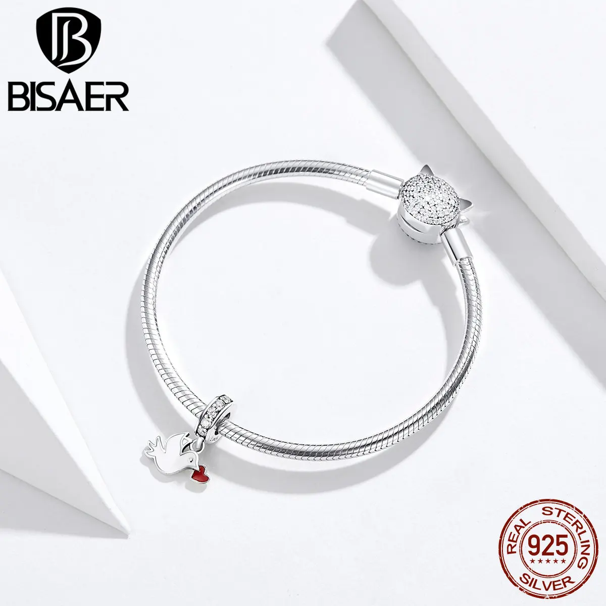 BISAER подвески для любви, 925 пробы, серебро, романтическая любовь, мессенджер, птица, бусины, белая эмаль, Подвески, подходят для оригинальных браслетов DIY ECC1227