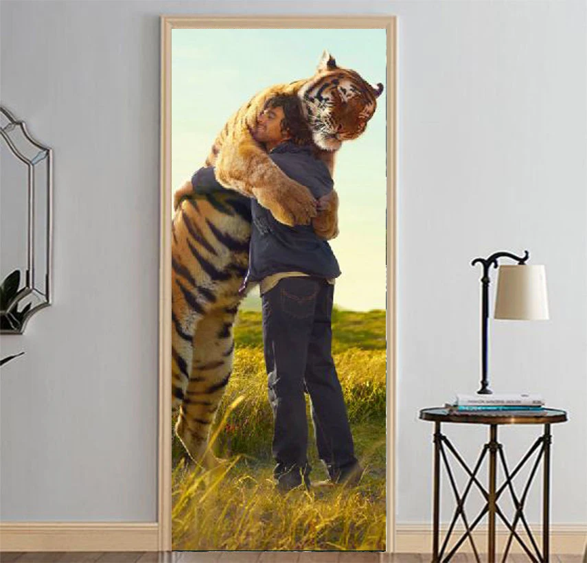 Tiger Embrace Man Picture Wall Murals Stickers Door Sticker Wallpaper Decals Home Decoration Aug083048 | Дом и сад