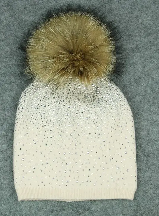 beige KUE019 Natural Fur Pom pom Knitted Hat Winter Wool Women Genuine Fur Ball Bobble Knit Beanies Bonnet Bones Skullies Rhinestone - Color: beige