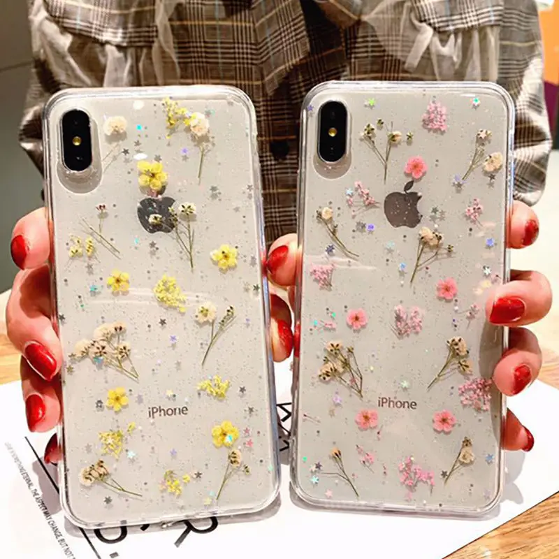 Реальный сухой цветок блеск прозрачных чехлов для iPhone 12Pro 11 Pro Max 8 7 6 6S Plus X XR XS