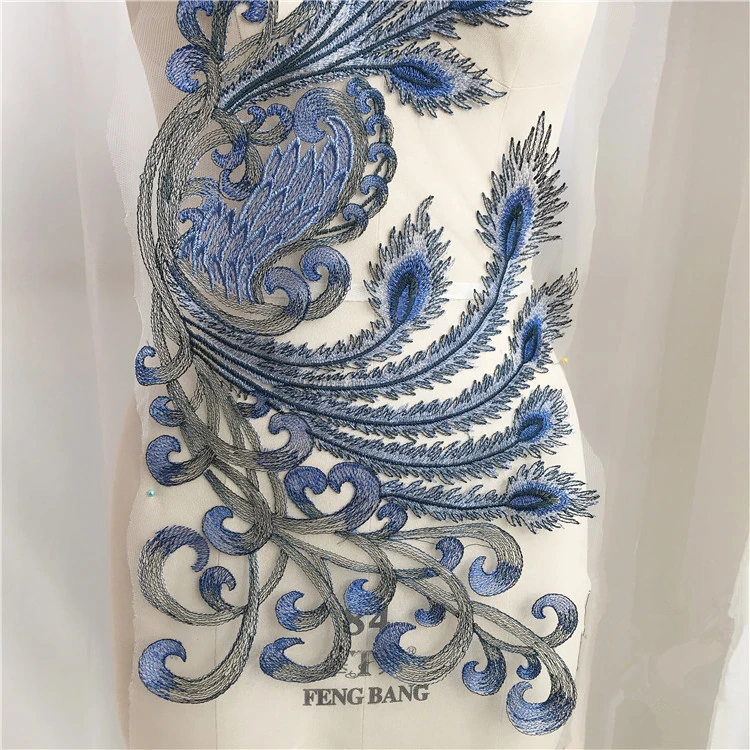 Сине-белое фарфоровое платье украшение аппликация вечернее кружева цветы ручная