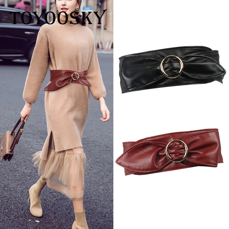 

TOYOOSKY Fashion PU Leather Belt for Women Wide Soft Circle Buckle Belt Waistband Women Body Shaping Bands Wide Belts All Match