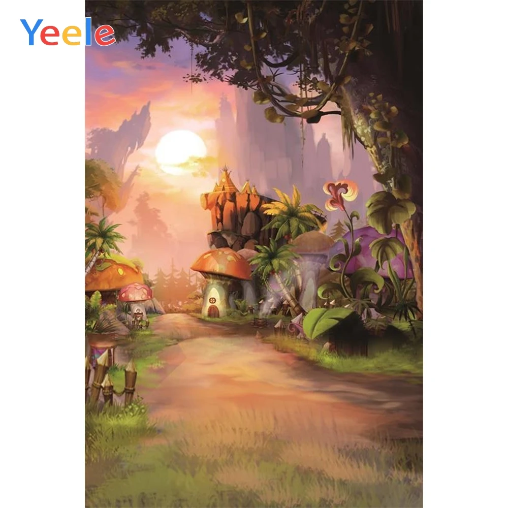 

Фон для детской портретной фотосъемки Yeele с изображением мечтательных мультяшных грибов