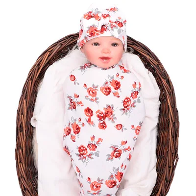 

Baby swaddle and Hat set Newborn Bow Beanie Infant Cotton Flower Print Warmer Blanket Personalized Baby Blanket Bebes Bedding