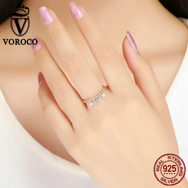 VOROCO 2019 Hot Sell Trendy Silver Ring Authentic 925 Sterling Dangle Star Dazzling Finger Rings Girl Jewelry Gift BKR406 | Украшения и
