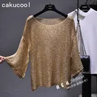 Женские вязаные топы с блестками Cakucool, рубашка с воротником-лодочкой и длинными расклешенными рукавами, тонкая свободная Прозрачная Сексуальная рубашка, пуловер для женщин