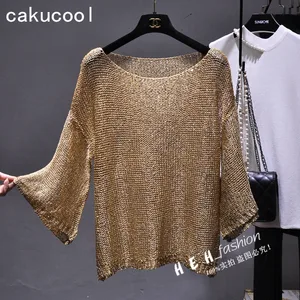 Женские вязаные топы с блестками Cakucool, рубашка с воротником-лодочкой и длинными расклешенными рукавами, тонкая свободная Прозрачная Сексуальная рубашка, пуловер для женщин