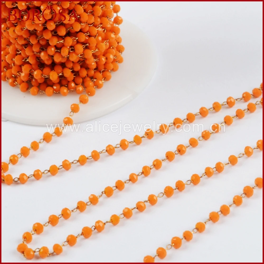 

BOROSA Wholesale 5Meters Gold Color Or Silver Color 3mm Orange Glass Beads Chains Beaded Chain for Fashion Jewelry Making JT222