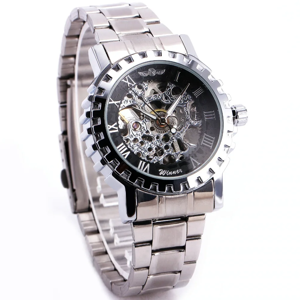 Мужские автоматические механические часы WINNER золотистый ремешок из нержавеющей
