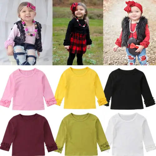New Spring Fall Style Kid Baby Girl Cotton Ruffle Long Sleeve T-shirt Solid Crew Neck Children Clothing Toddler Infant Outfit | Детская