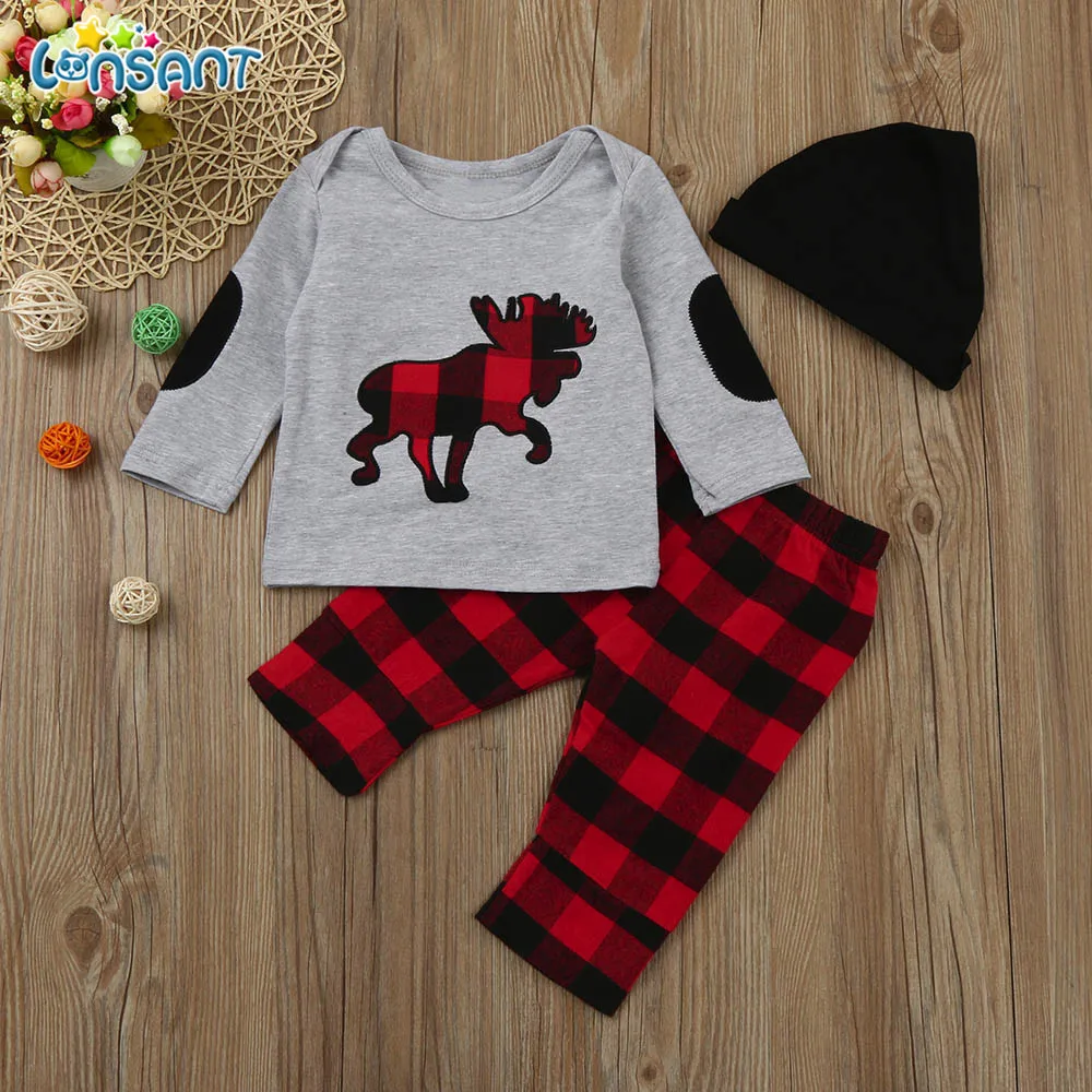 LONSANT 3pcs Toddler Infant Baby Girls Boys Casual Plaid Clothes Set Tops+Pants+Hat Outfits Playsuit 0-24M | Детская одежда и