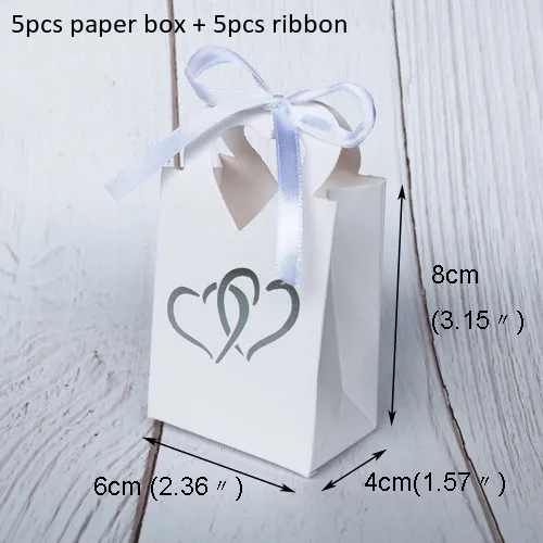 5pcs White 5 шт мини-бумажный пакет с сердечком, горячее тиснение, Серебряное сердце, конфета, мешок для печенья, Подарочная коробка, сумка, розовый, синий, украшение для свадебной вечеринки с лентой - Цвет: 5pcs White