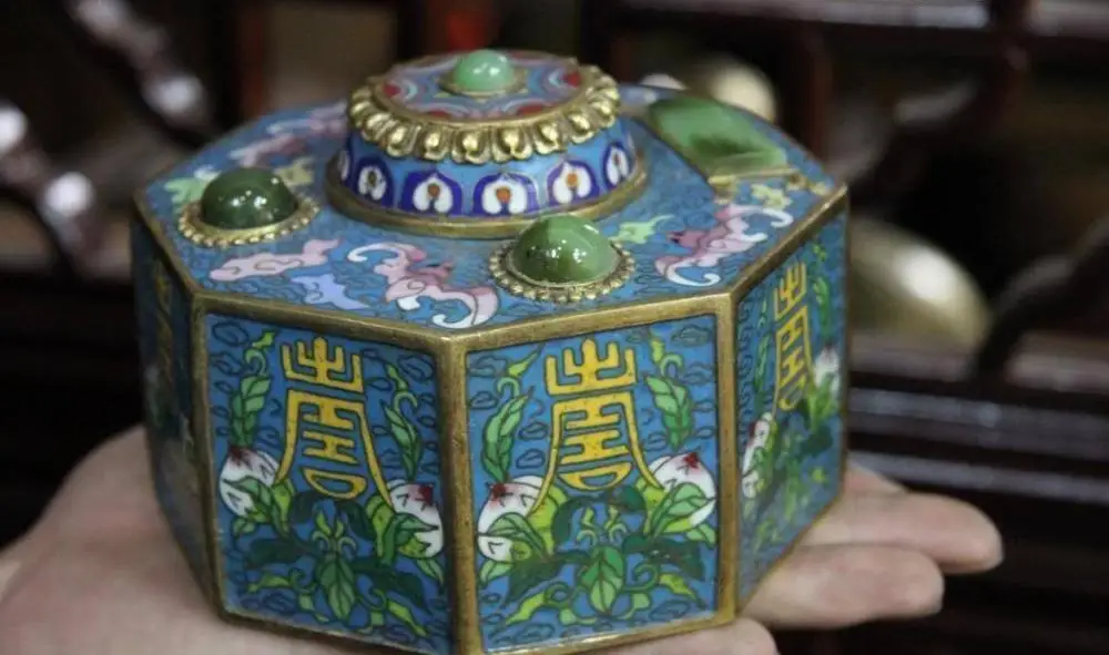 Китай дворец бронзовая Медь 24K золото позолота Cloisonne Джаспер ваза долголетка