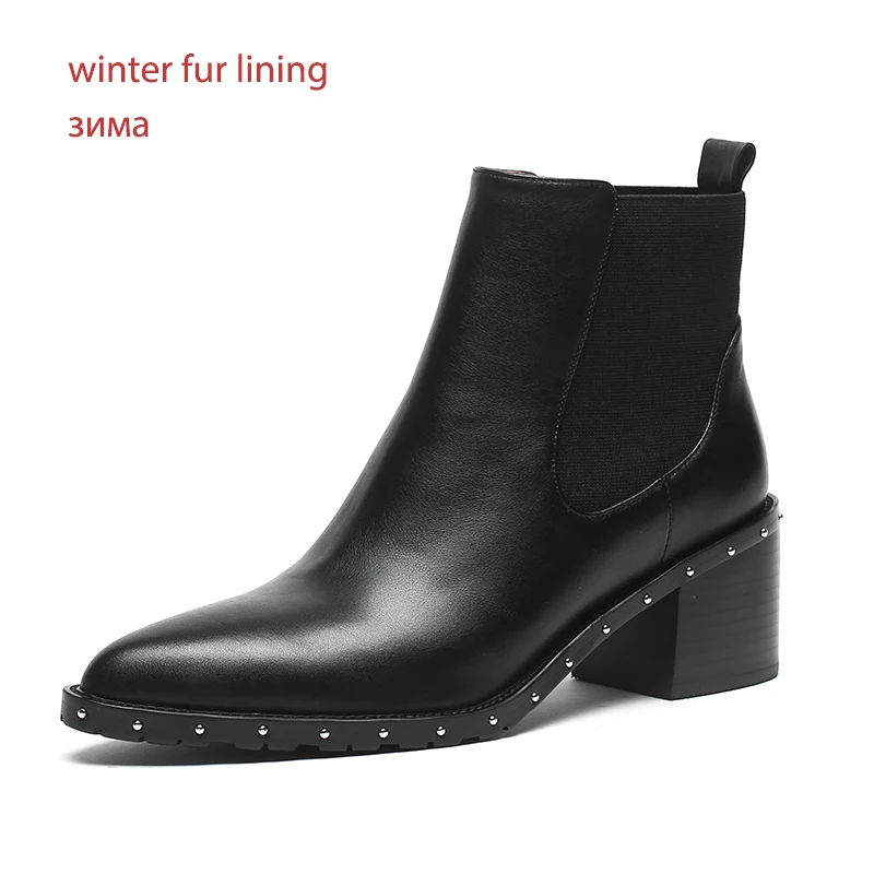 black thin fur 6cm Новинка года; ботинки «Челси» с заклепками; женские ботильоны; зимние ботинки из натуральной кожи; женская обувь на высоком квадратном каблуке; женская обувь - Цвет: black thin fur 6cm