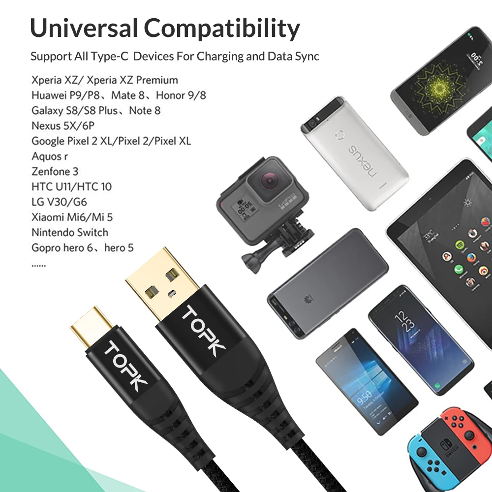 TOPK 1 м (3 фута) usb type C кабель для samsung S9 S8 передачи данных Xiaomi Mi6 мобильный телефон USB