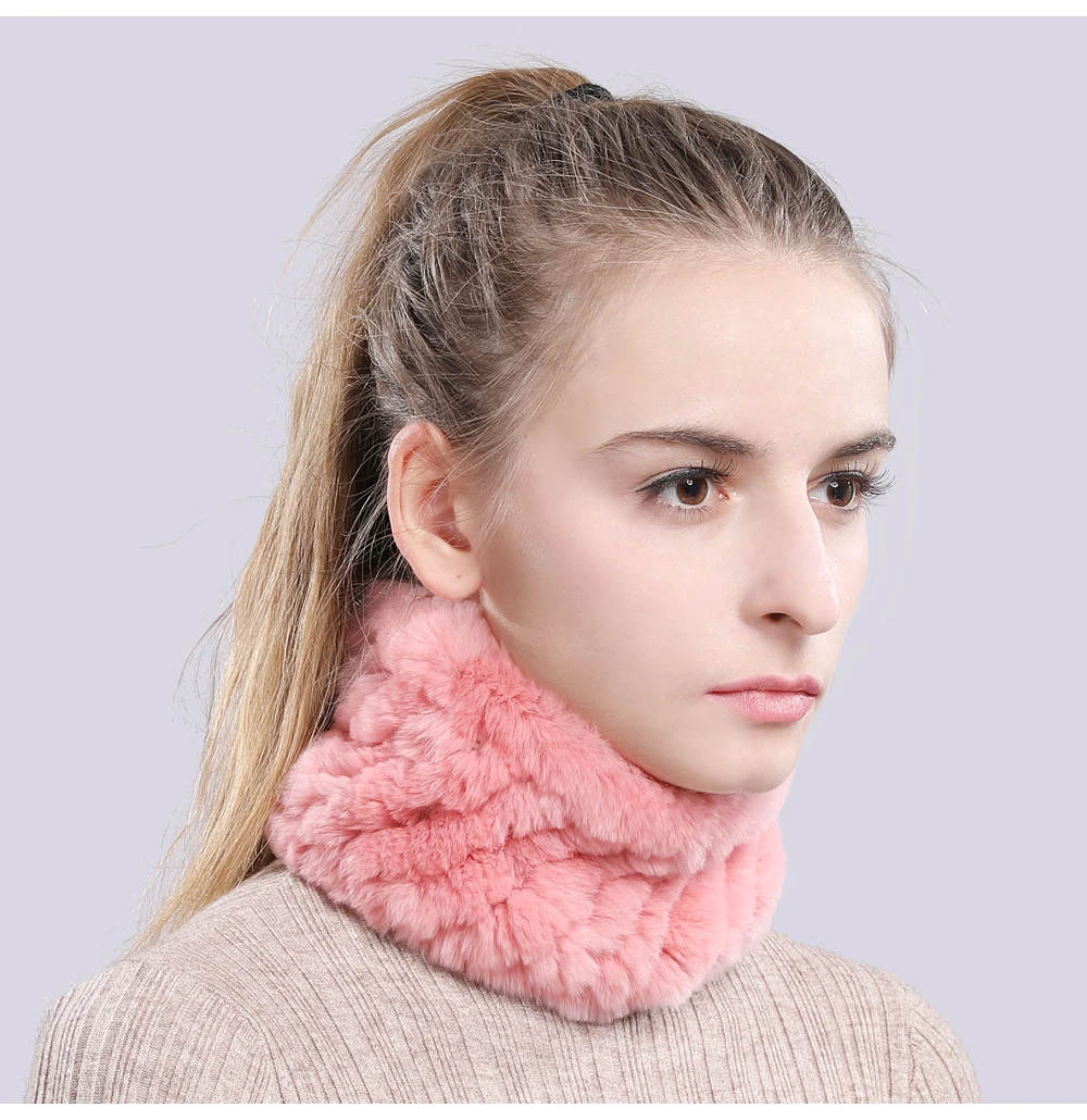 Women Real Fur Handmade Stretch Fur Scarf Knit Genuine Rex Rabbit Fur Headbands Girls Natural Fur Ring Cowl Snood Scarves Winter