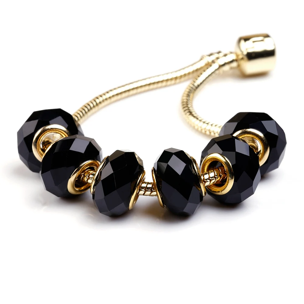 10 Pcs a Lot Gold-Color Black faceted Glass Beads Fit For Pandora Charms Bracelet Round DIY Murano Big Hole Charm | Украшения и