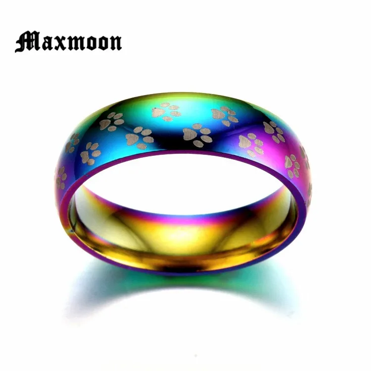 Maxmoon New Fashion Cute Dog Cat Paw Stainless Steel Beautiful Rainbow Anime Pet Finger Rings for Women Men Jewelry Nice Gift | Украшения и