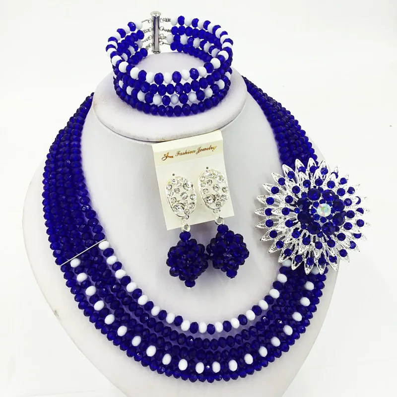 Оптовая цена Шёлково-синие непрозрачные белые классические африканские стильные хрустальные бусы юбилейные ювелирные наборы для женщин 5C-ST-32.