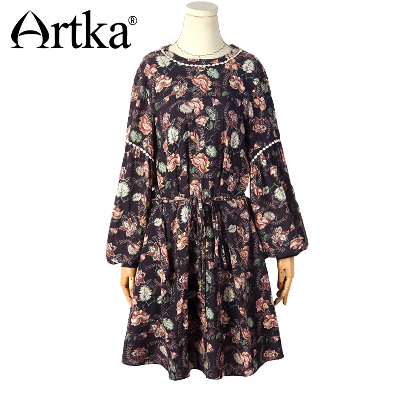 ARTKA женское летнее платье с длинным рукавом принтом фонариком и поясом винтажное