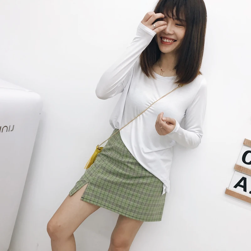 Новинка, женские шорты Harajuku в Корейском стиле, повседневные фиолетовые/зеленые Облегающие юбки с разрезом сбоку,, мини-юбка в клетку с высокой талией для женщин