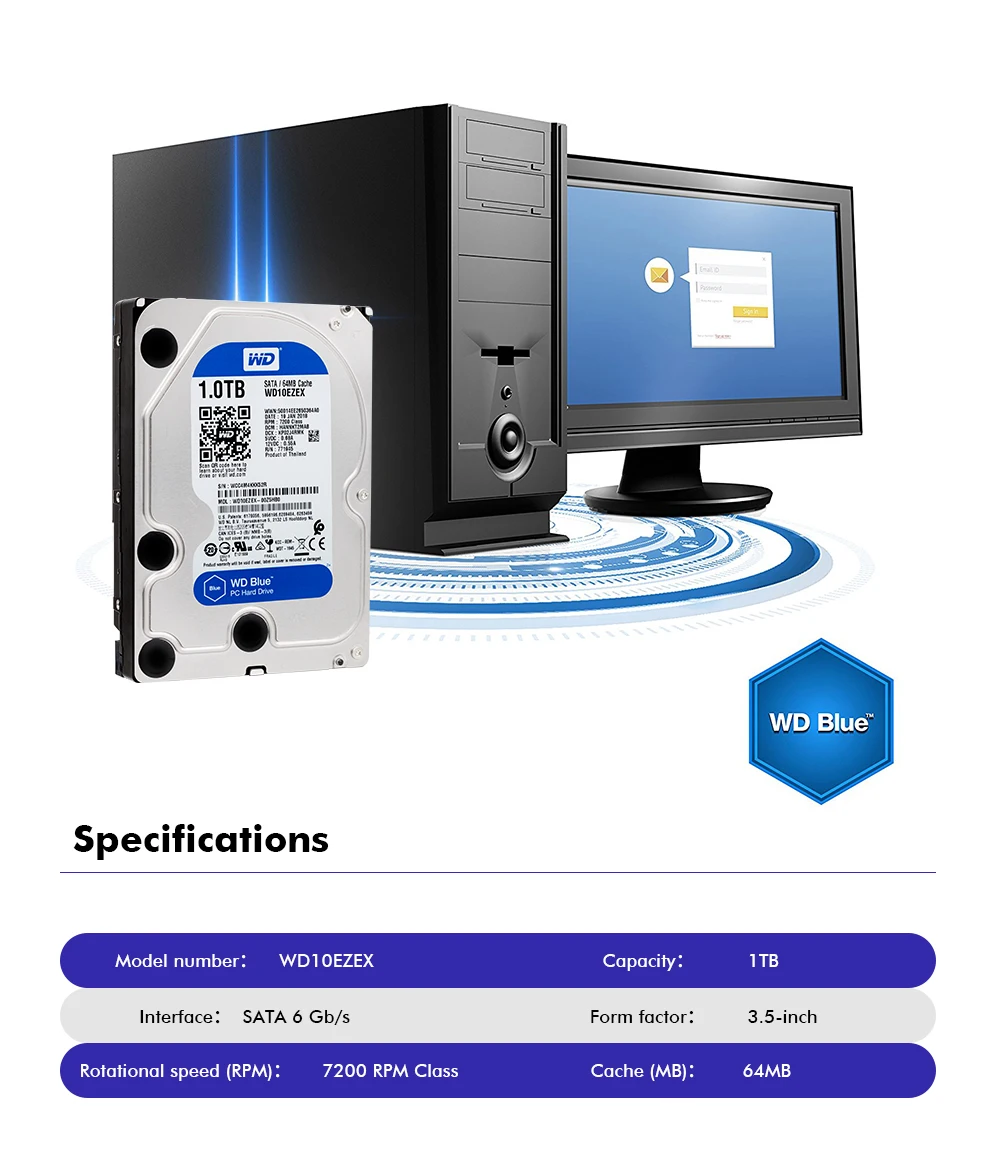 1 ТБ WD Blue 3,5 SATA 6 ГБ/сек. HDD sata Внутренний жесткий диск 64 м 7200PPM жесткий диск Настольный hdd для ПК WD10EZEX
