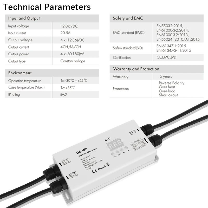 Led RGB/RGBW DMX декодер IP67 Водонепроницаемый DC 12V-24V 5A * 4CH 20A 480W Выход открытый Применение