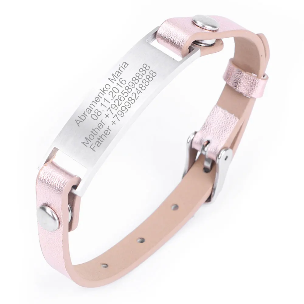 Rose Gold Персонализированная женская кожаная одежда ID браслет подарок надпись имя браслеты детские ювелирные изделия на заказ Выгравированный браслет из нержавеющей стали - Окраска металла: Rose Gold