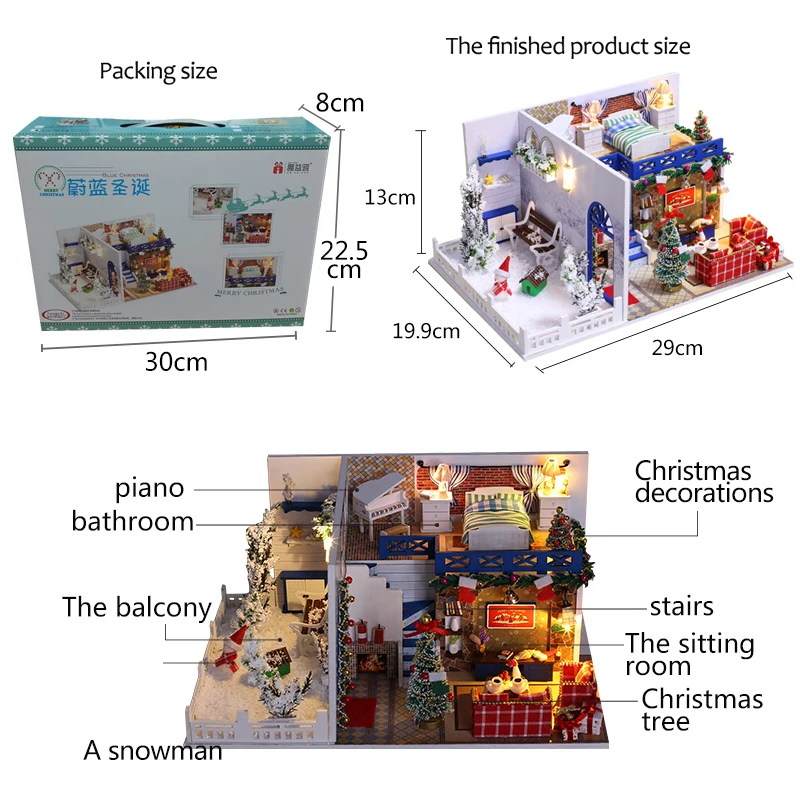 Синяя Рождественская кукла дом миниатюрная сцена деревянная головоломка DIY